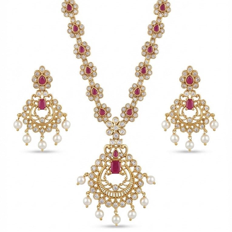 Star & Moon Floral Link Necklace Set - Gold Plated - Riwaaj