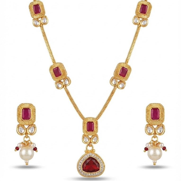 Modern Teardrop Pendant Necklace Set - Contemporary Gold Plated Jewelry - Riwaaj