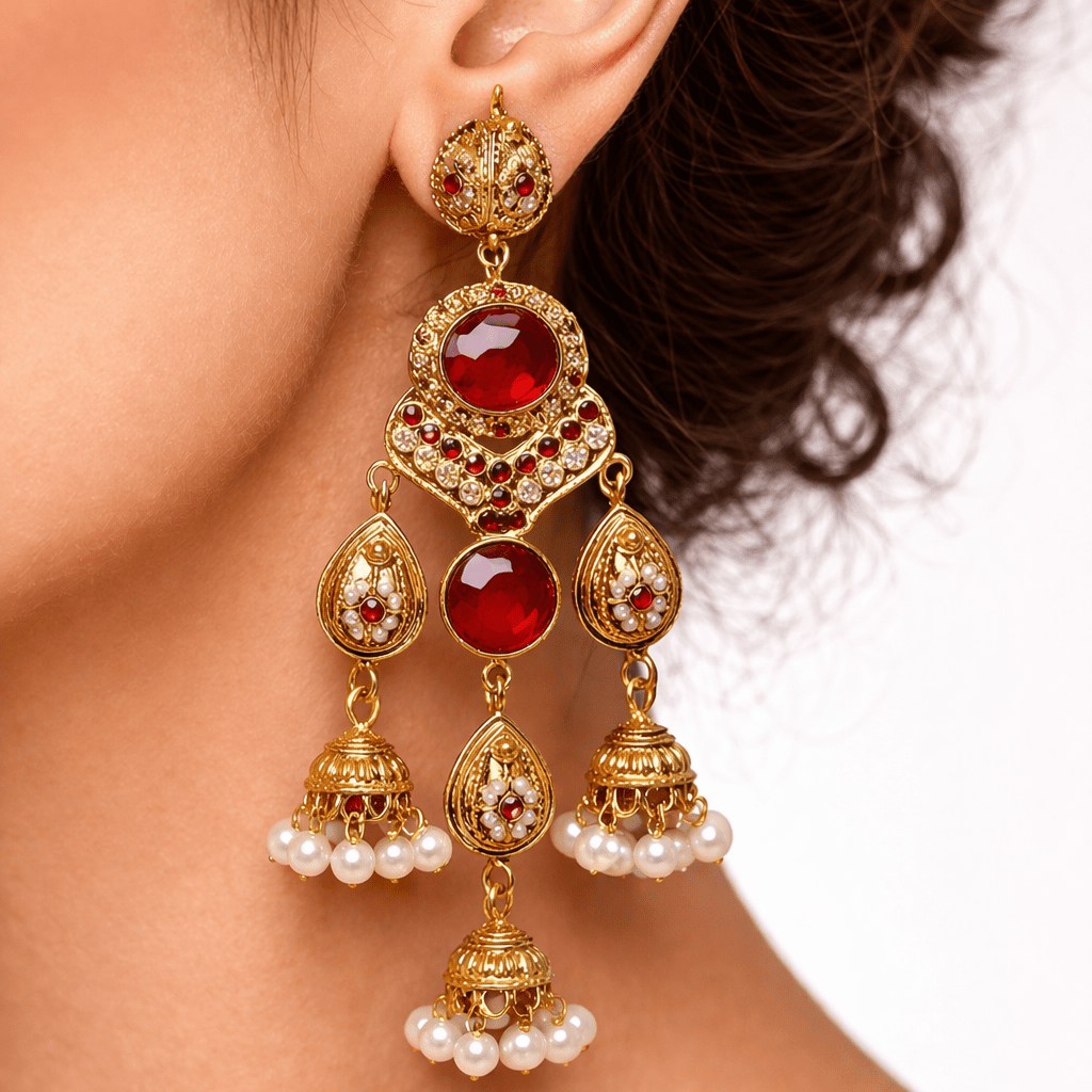 Antique Gold Jhumka Chandelier Earrings – Ruby Kundan & Pearl Drops - Riwaaj
