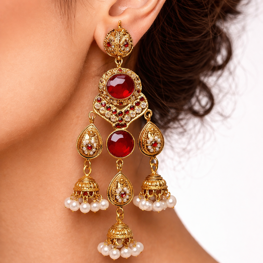 Antique Gold Jhumka Chandelier Earrings – Ruby Kundan & Pearl Drops