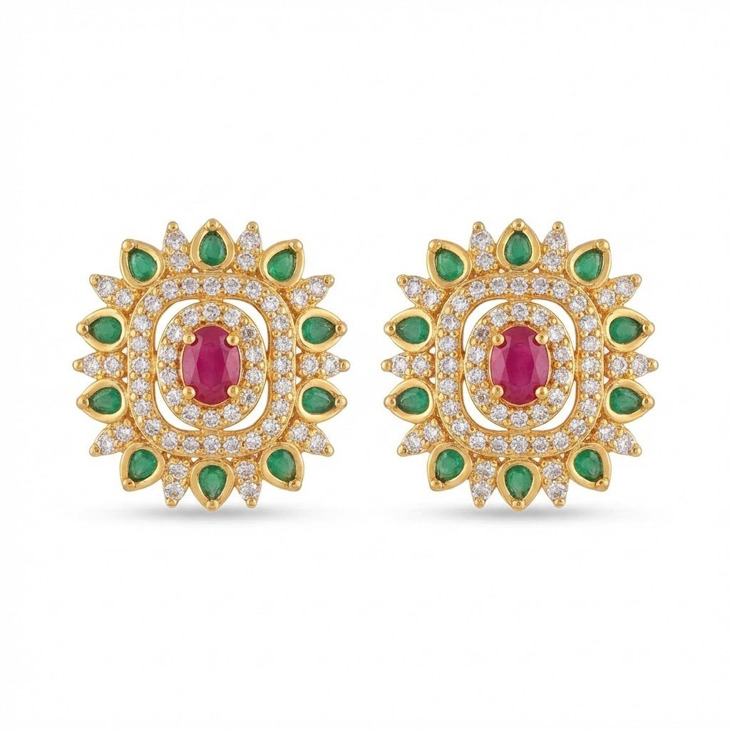 Gold Plated Sunburst Floral Stud Earrings with Multi - Color Zirconia - Riwaaj