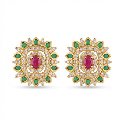 Gold Plated Sunburst Floral Stud Earrings with Multi - Color Zirconia - Riwaaj