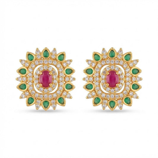 Gold Plated Sunburst Floral Stud Earrings with Multi - Color Zirconia - Riwaaj