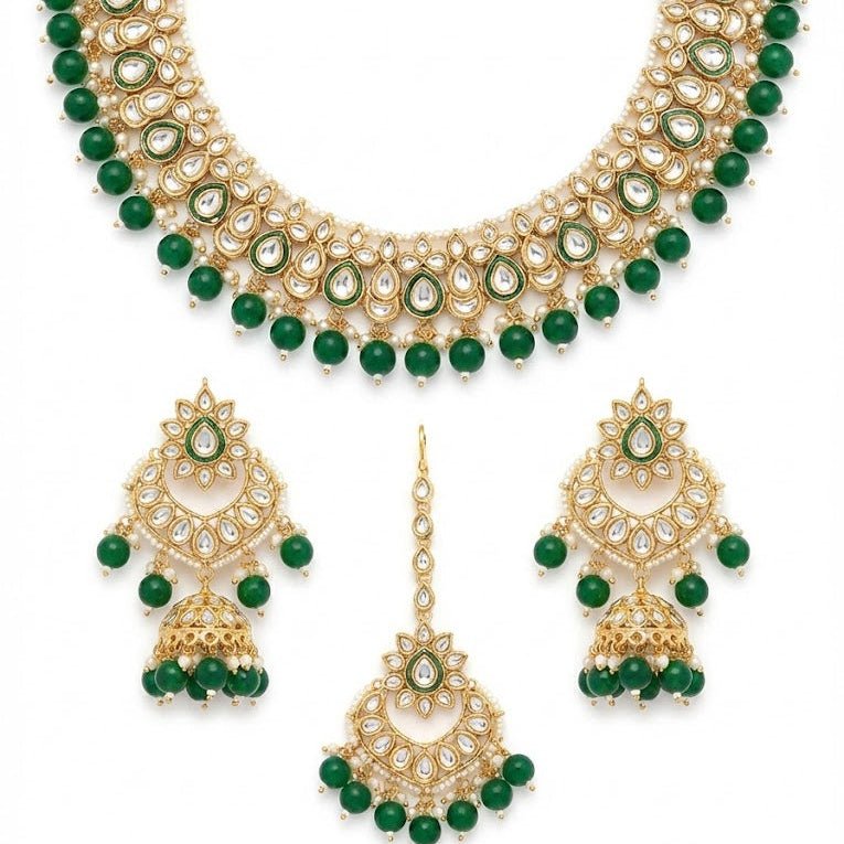 Moonlight Mirror - Work Kundan Set with Chandbali Earrings - 3 Piece Gold Plated - Riwaaj