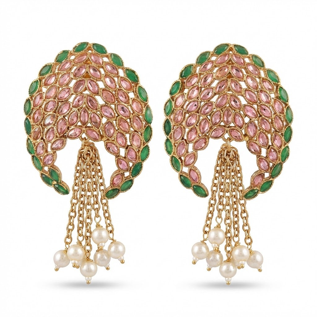 Gold Plated Statement Tassel Earrings with Pearls & Marquise Stones