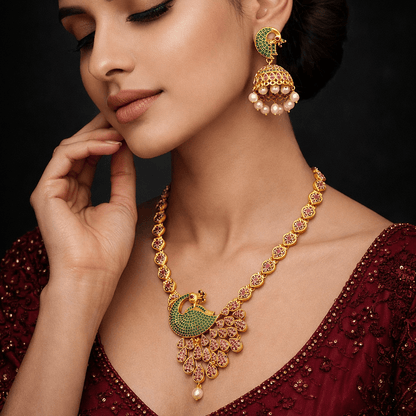 Royal Peacock Necklace Set with Jhumka Earrings - Gold Plated Heritage Jewelry - Riwaaj