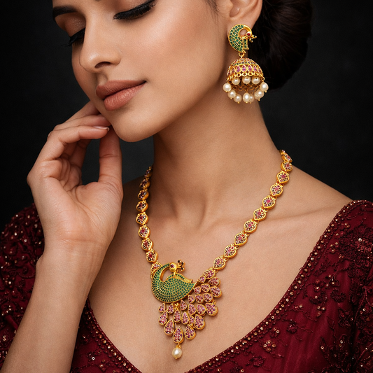 Royal Peacock Necklace Set with Jhumka Earrings - Gold Plated Heritage Jewelry