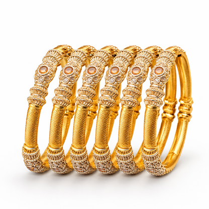 Heritage Pillar Choori Bangle Set – 22K Gold Plated | Set of 6 | Ruby, Green & Champagne |