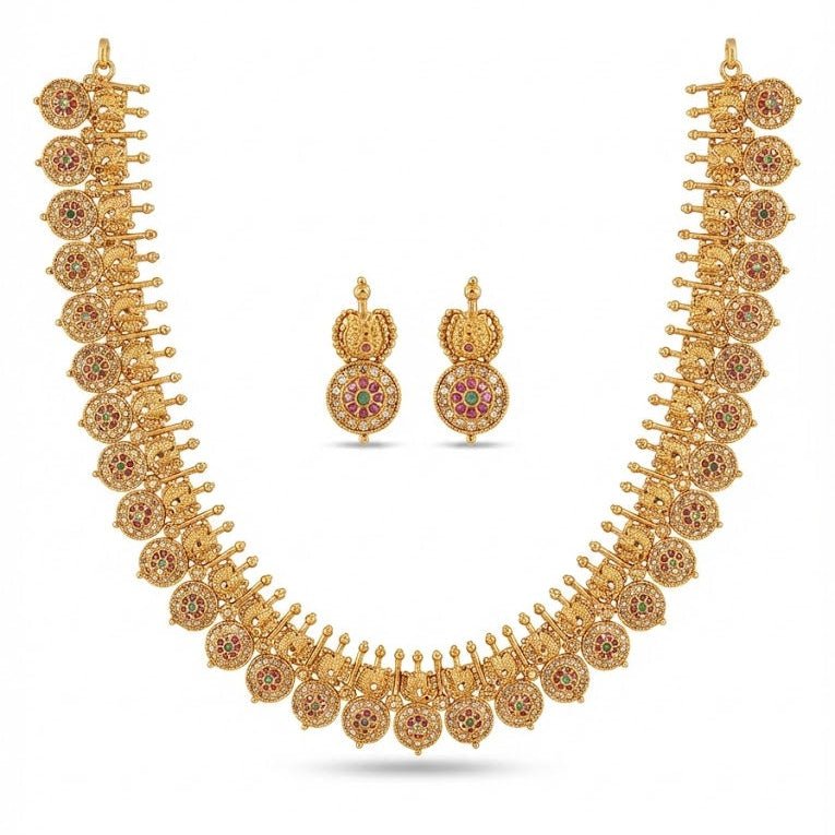 Golden Coin Medallion Necklace Set - Long Chain Temple Jewelry Gold Plated - Riwaaj