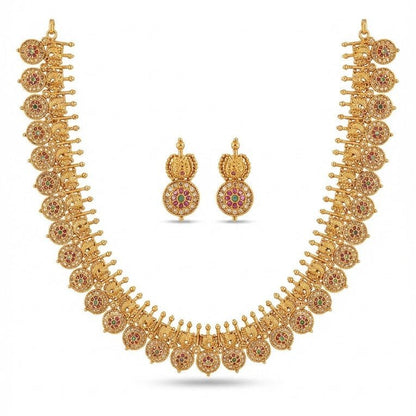 Golden Coin Medallion Necklace Set - Long Chain Temple Jewelry Gold Plated - Riwaaj