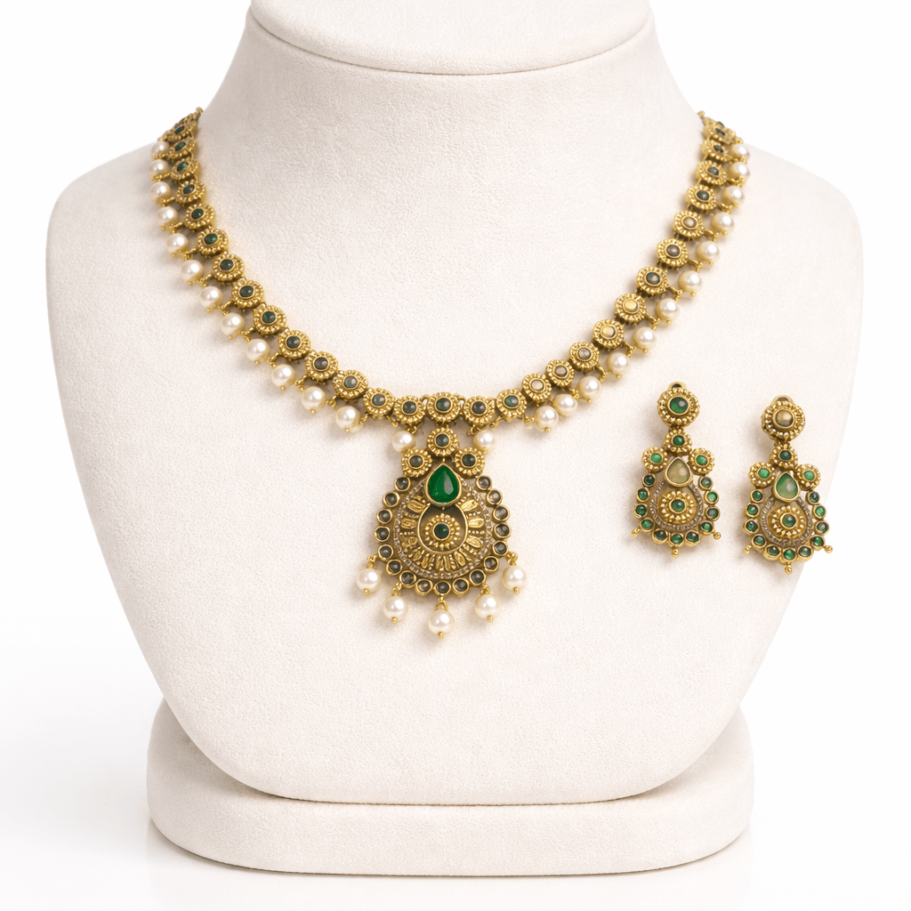 Heritage Crescent Moon Long Chain Necklace Set with Pearl Drops - Gold Plated - Riwaaj