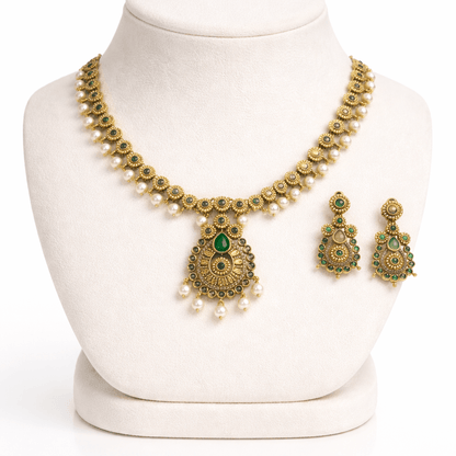 Heritage Crescent Moon Long Chain Necklace Set with Pearl Drops - Gold Plated - Riwaaj