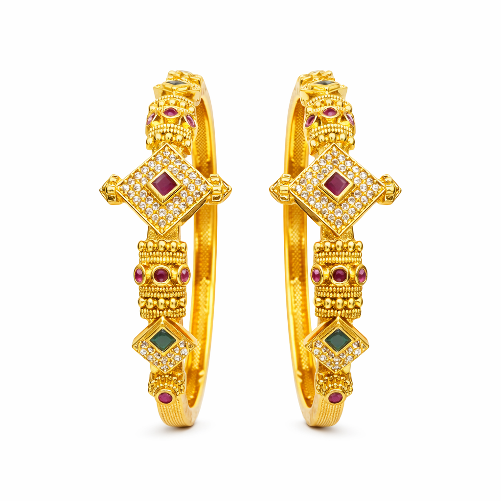 Geometric Motif Bangle Pair – 22K Gold Plated | Ruby & Emerald Stone