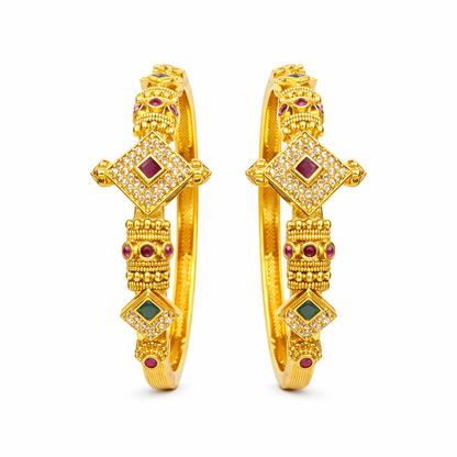Geometric Motif Bangle Pair – 22K Gold Plated | Ruby & Emerald Stone