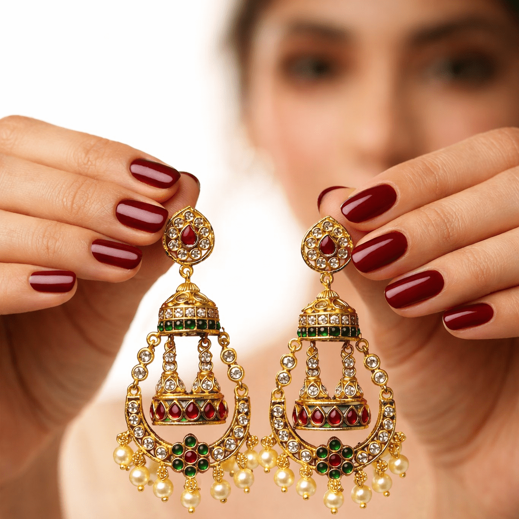 Zara Bridal Jhumka Earrings – Antique Gold Kundan with Pearl Drops - Riwaaj