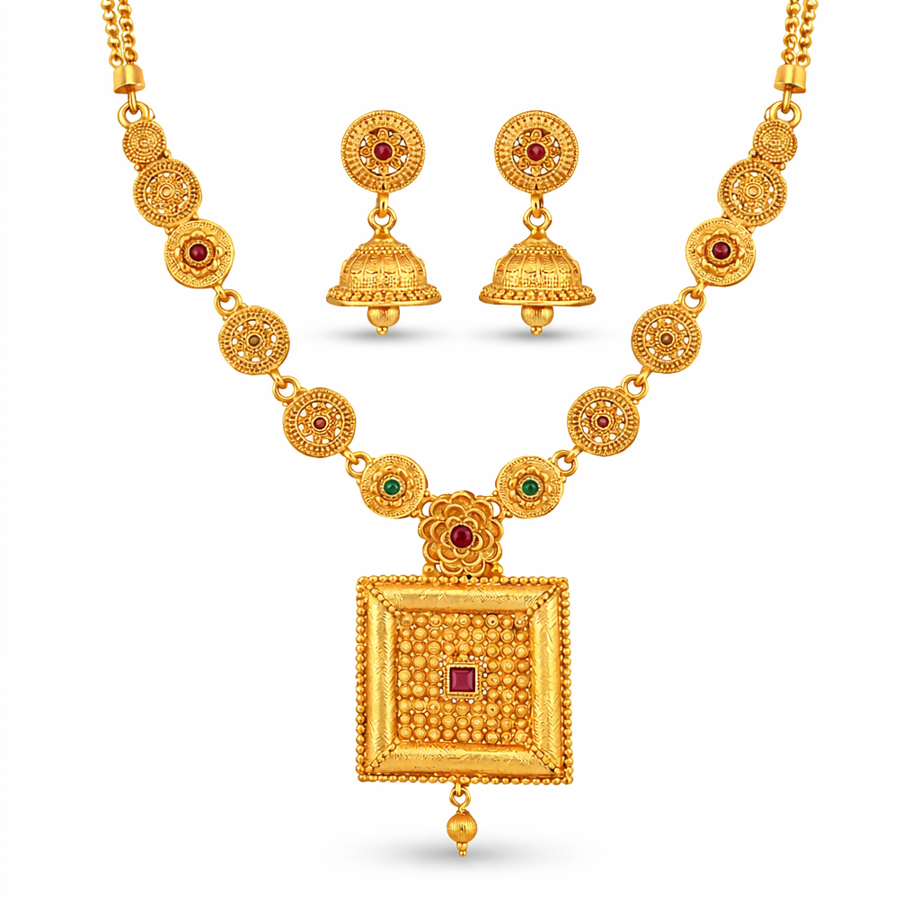 Square Pendant Necklace & Jhumki Earring Set – 22K Gold Plated | Handcrafted Stone |