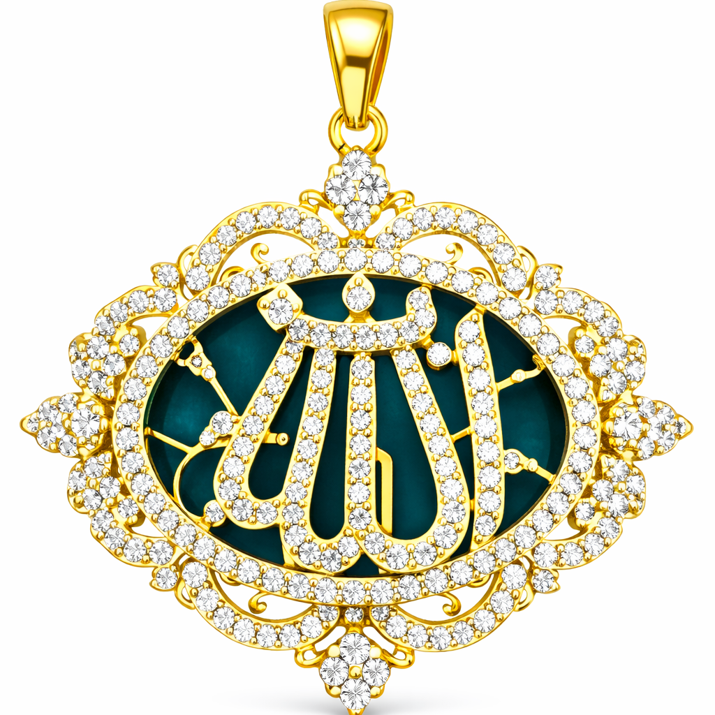 Elegant gold-plated Allah pendant with sparkling zircon stones.
