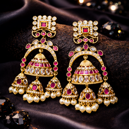Gul-e-Noor Triple Jhumki Earrings – Gold Floral Ruby & Pearl Drops