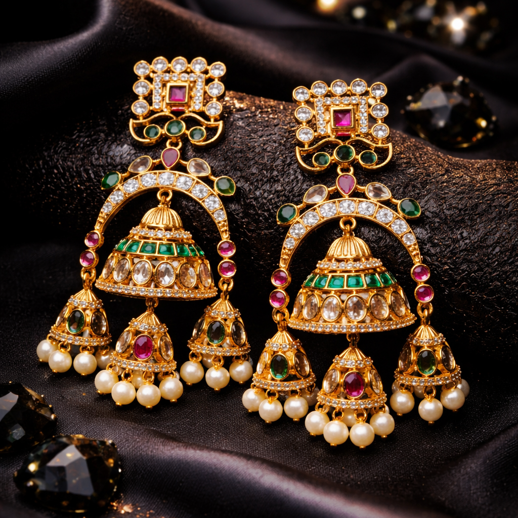 Gul-e-Noor Triple Jhumki Earrings – Gold Floral Ruby & Pearl Drops