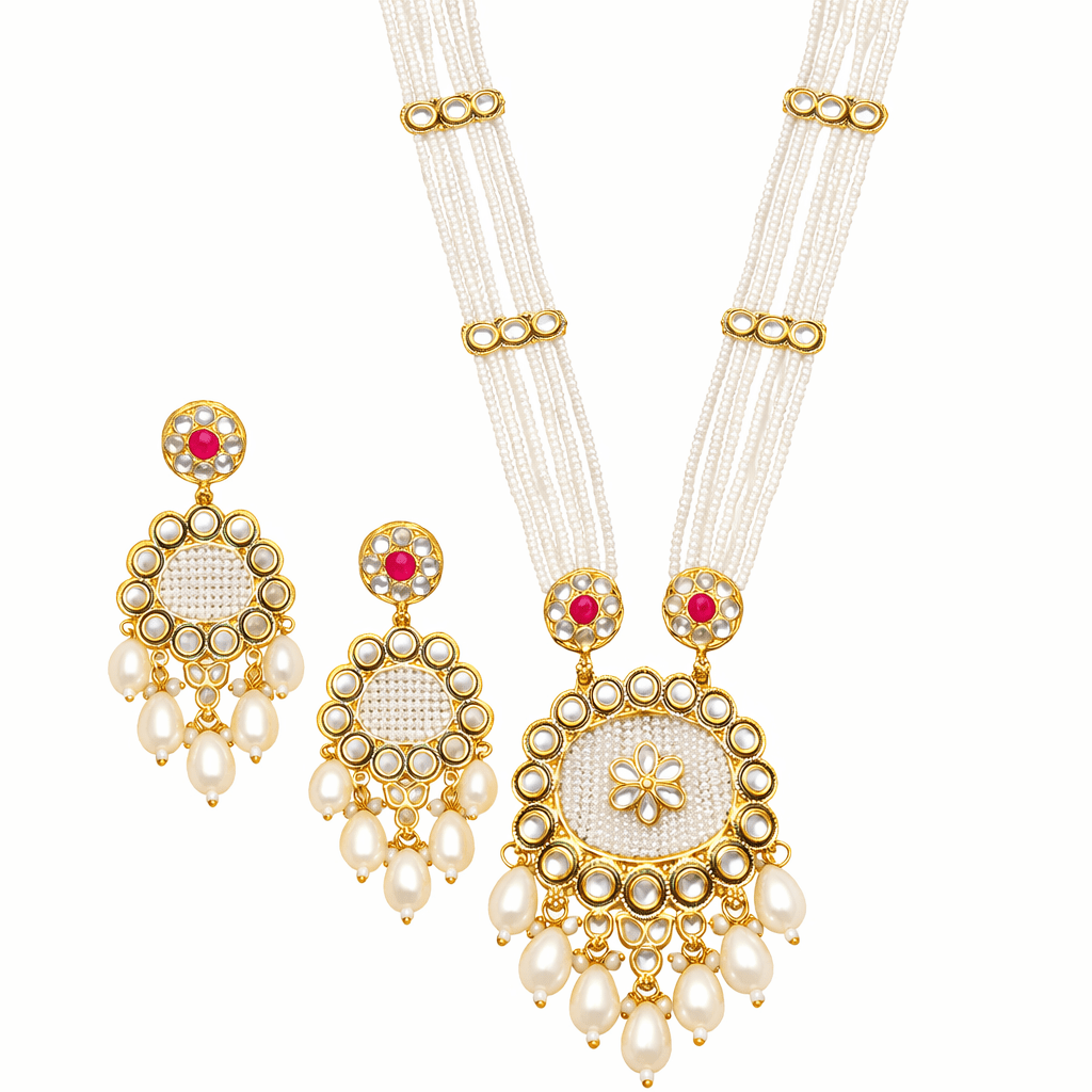 Kundan Floral Pearl Maala Necklace & Pearl Drop Earring Set – 22K Gold Plated - Riwaaj