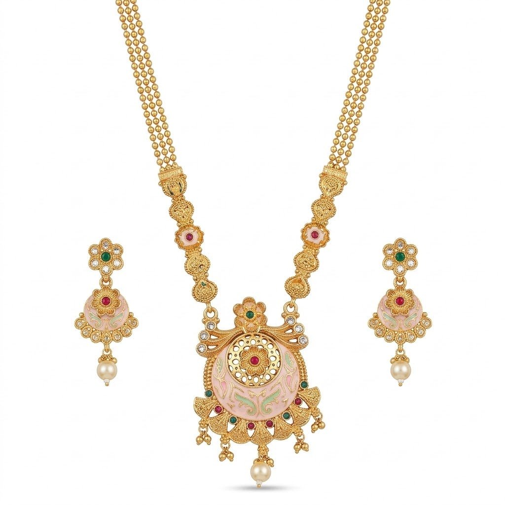 Mughal Floral Medallion Necklace & Earring Set – 22K Gold Plated | Meenakari & Pearl Drop | - Riwaaj
