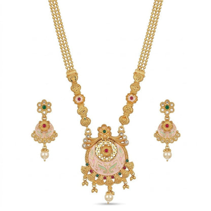 Mughal Floral Medallion Necklace & Earring Set – 22K Gold Plated | Meenakari & Pearl Drop | - Riwaaj