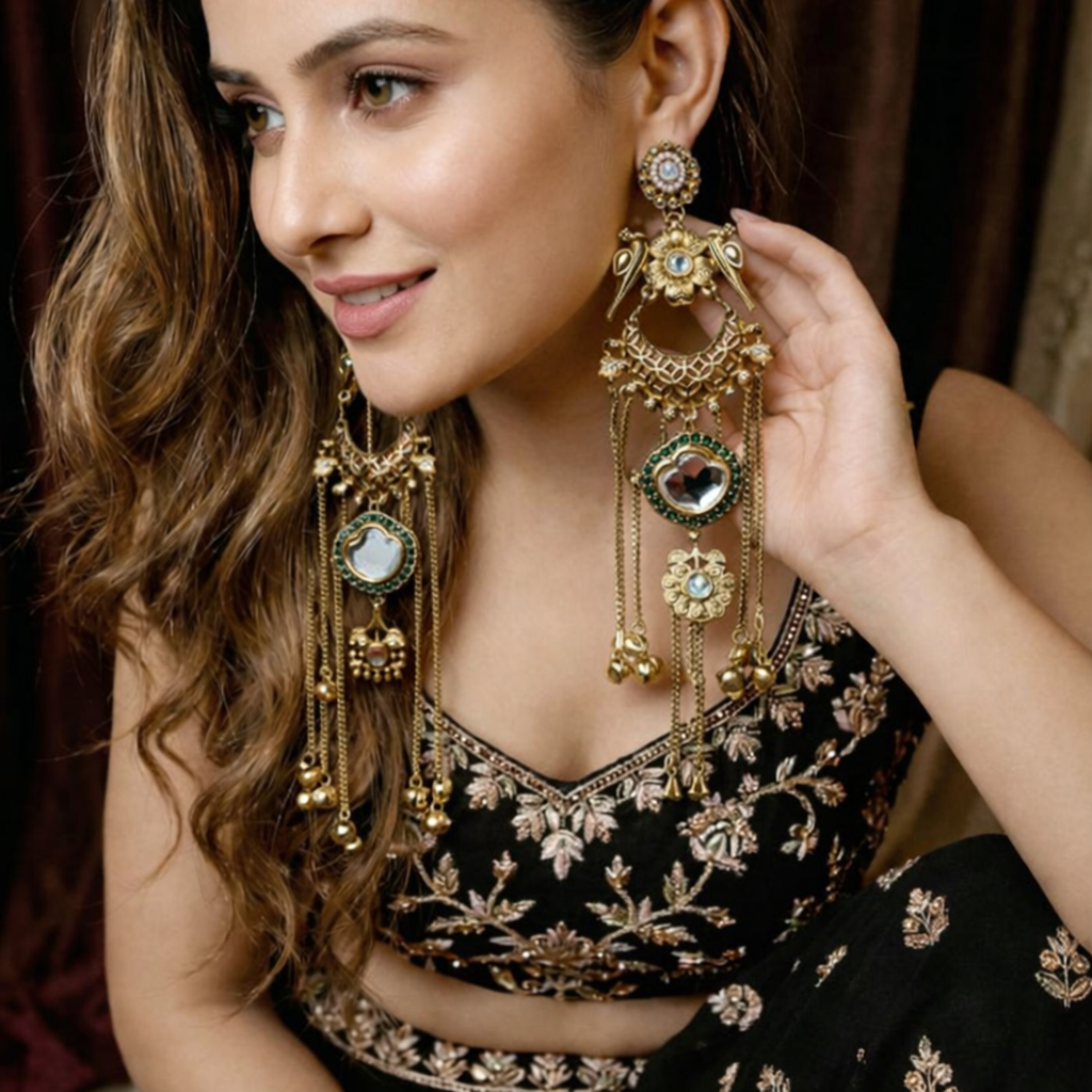Kashmiri Tassel Earrings – 22K Gold Long Statement Drops with Mirror Stones