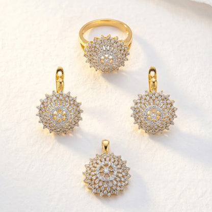 Halo Starburst Jewelry Set - 3 Piece Gold Silver Plated with Zirconia