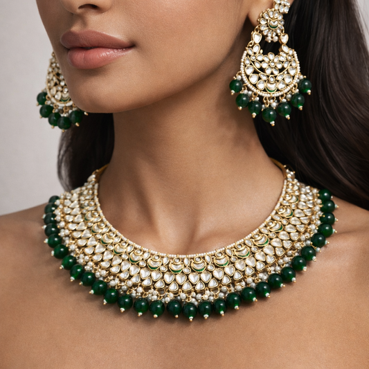 Luxury Kundan Jewelry Set - Necklace, Earrings & Teeka