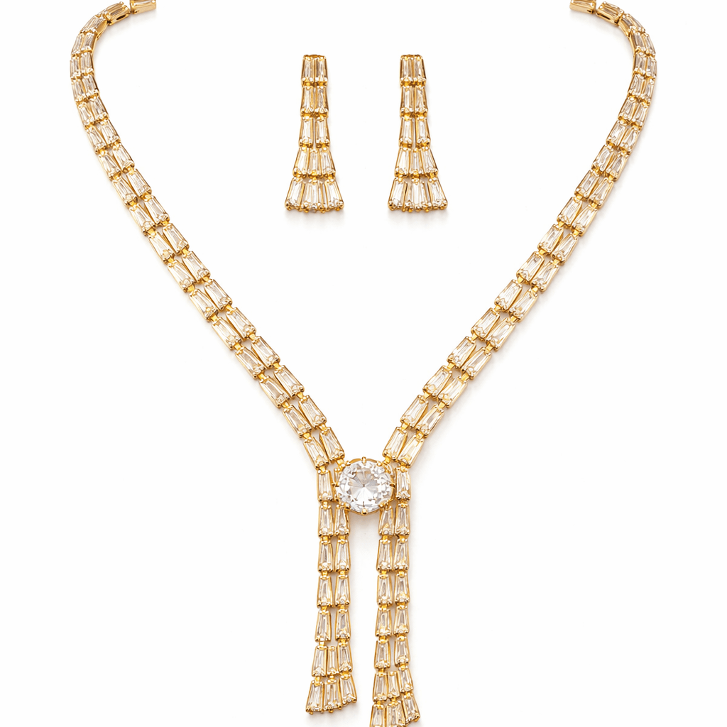 Crystal Baguette Fringe Jewelry Set - Contemporary Gold or Silver Plated - Riwaaj