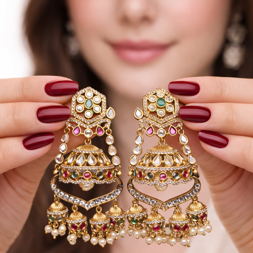 Majestic Chandbali Jhumka Earrings – Gold Kundan with Ruby & Emerald Drops