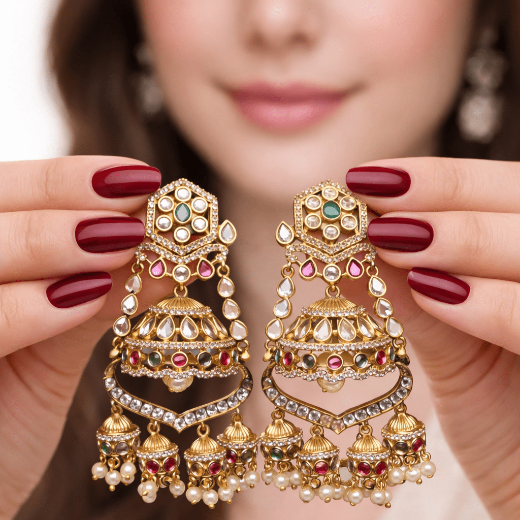 Majestic Chandbali Jhumka Earrings – Gold Kundan with Ruby & Emerald Drops - Riwaaj