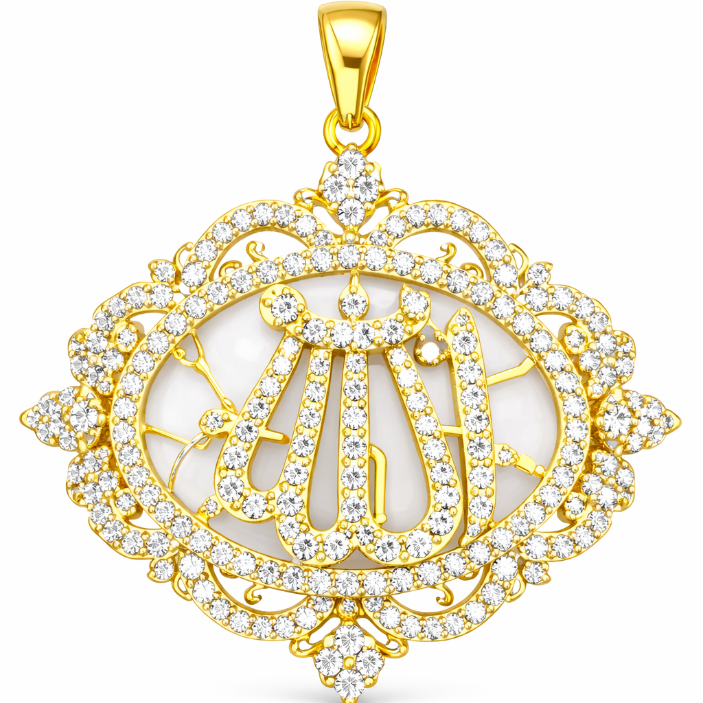 Elegant gold-plated Allah pendant with sparkling zircon stones.