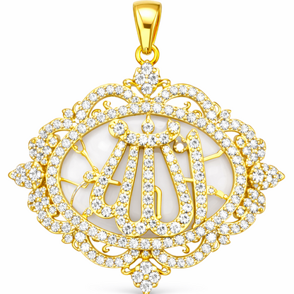 Elegant gold-plated Allah pendant with sparkling zircon stones.