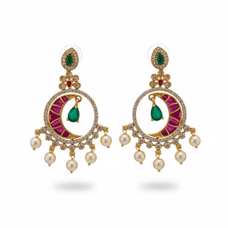 Emerald Green Crescent Moon Drop Earrings - Riwaaj