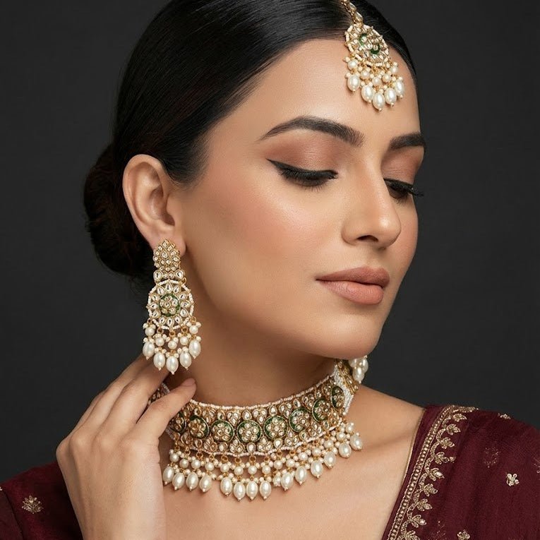 Riwayat Mirror - Work Kundan Jewelry Set - 4 Piece Gold Plated - Riwaaj