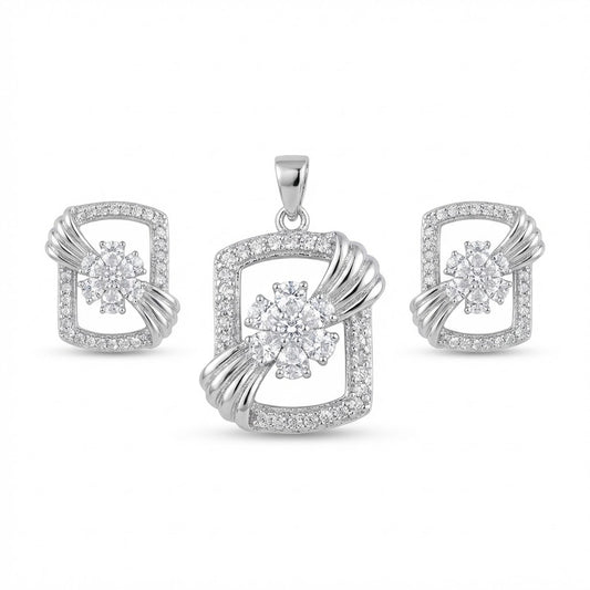 Silver Plated Floral Pendant & Earring Set with Zirconia Stones