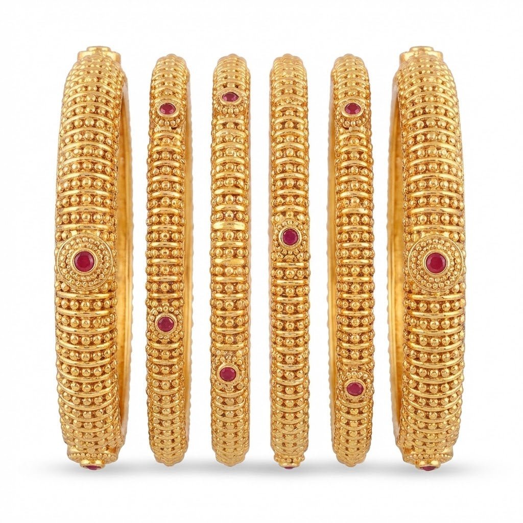 Gold Plated Bangle Set - 6 Piece with Ruby Stones & Beaded Design - Riwaaj