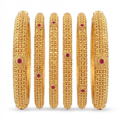 Gold Plated Bangle Set - 6 Piece with Ruby Stones & Beaded Design - Riwaaj