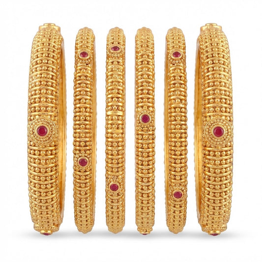 Gold Plated Bangle Set - 6 Piece with Ruby Stones & Beaded Design