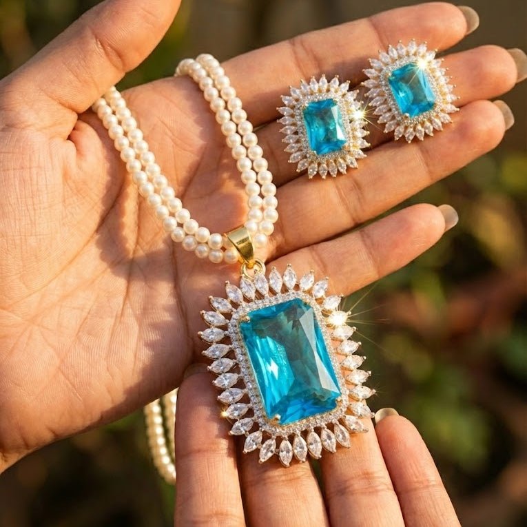 Celestial Glow Pendant Set - Rhodium Plated Zirconia Necklace & Earrings - Riwaaj