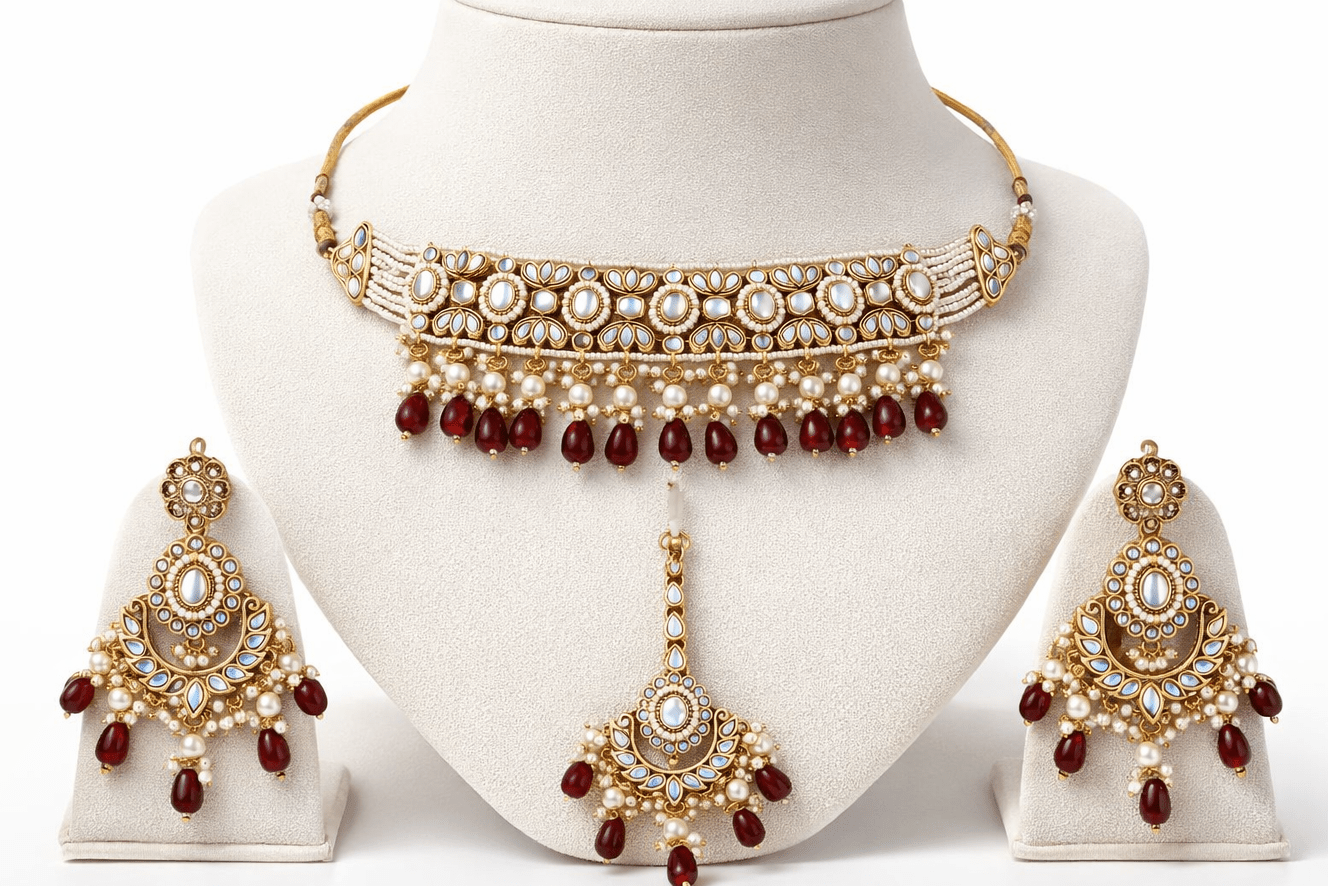 Radiant Mirror - Work Kundan Jewelry Set - 4 Piece Gold Plated - Riwaaj