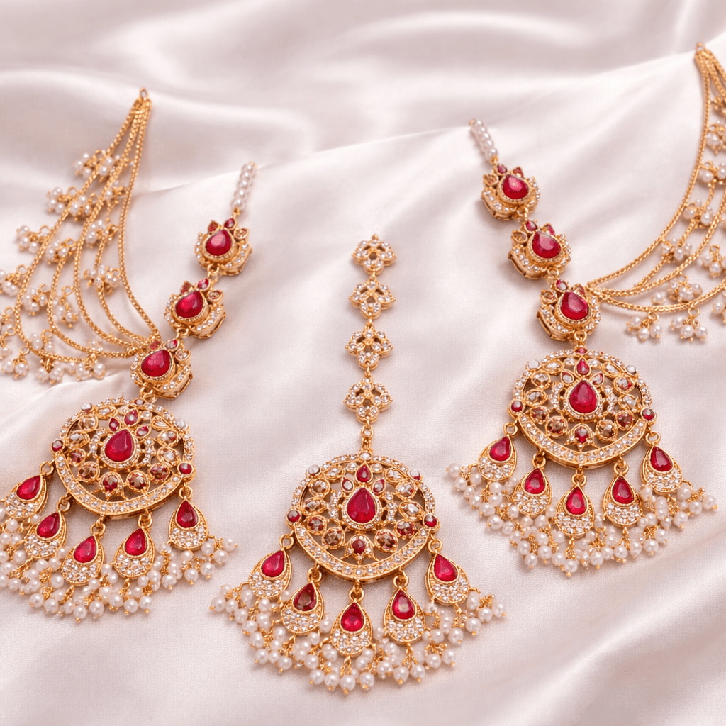 22K Gold Handmade Maang Tikka & Earring Set | Ethnic Jewellery - Riwaaj