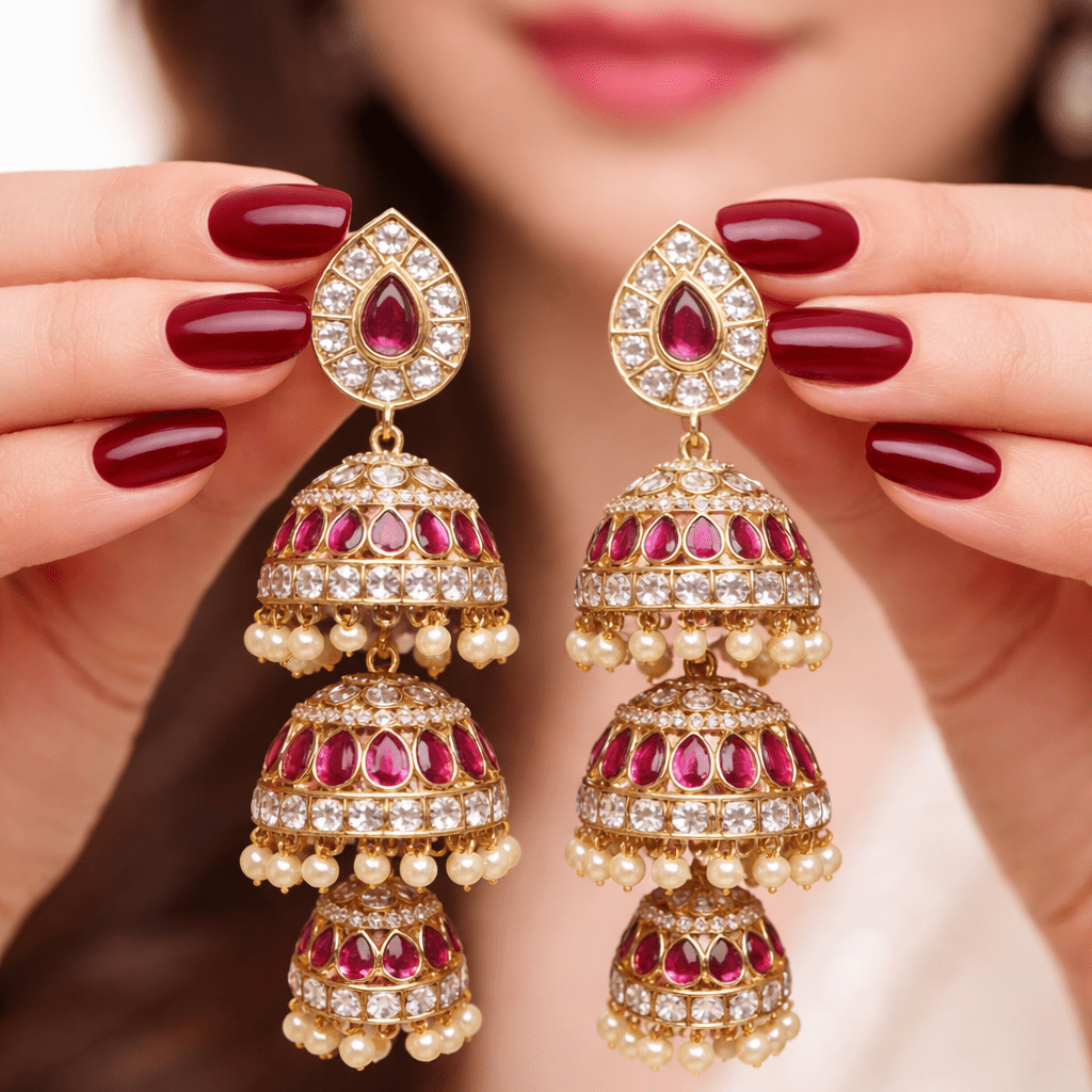 Heritage Three - Bell Jhumka Earrings – Gold Kundan, Emerald & Ruby - Riwaaj