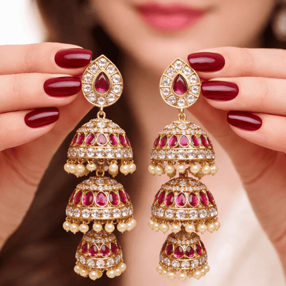 Heritage Three - Bell Jhumka Earrings – Gold Kundan, Emerald & Ruby - Riwaaj