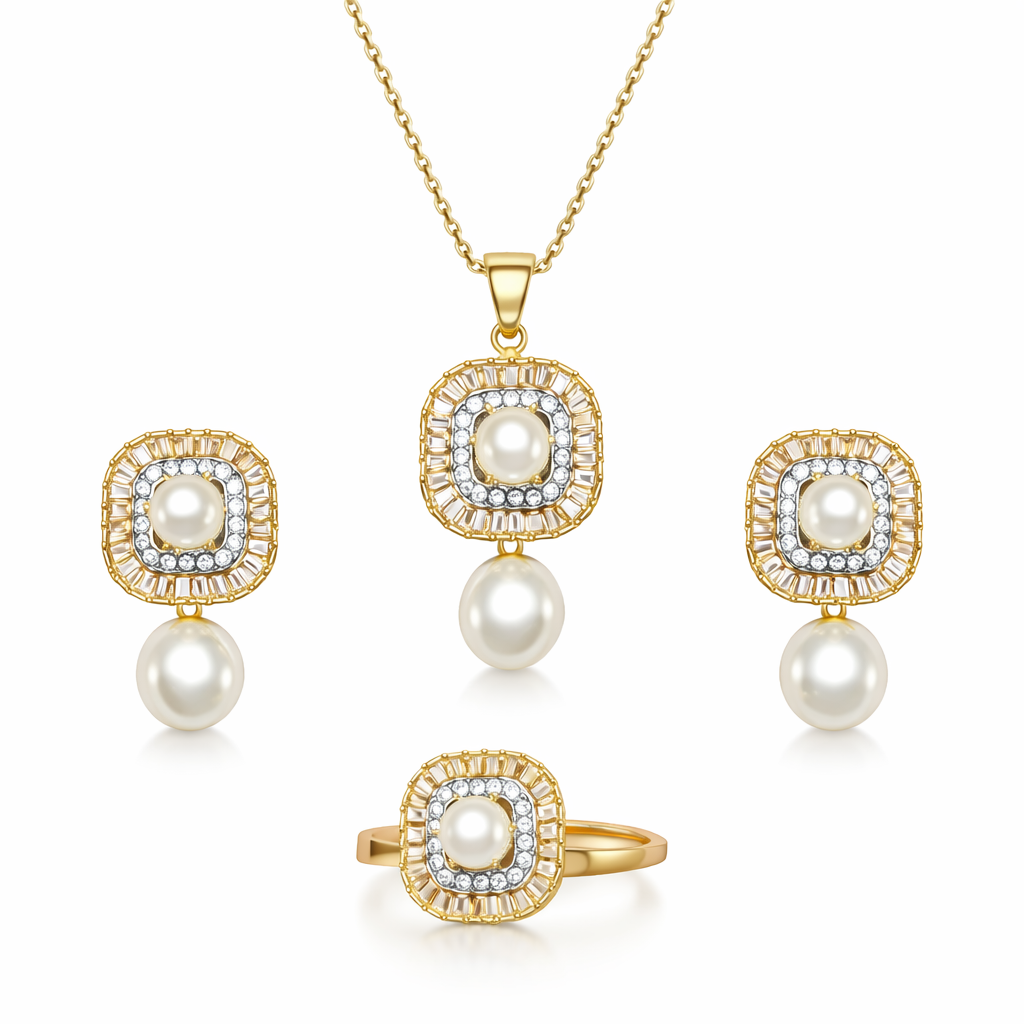 Zirconia Pearl Locket Set - Gold Silver Plated Pendant Earrings Ring