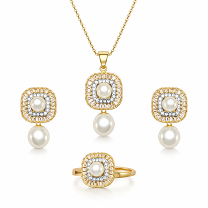 Zirconia Pearl Locket Set - Gold Silver Plated Pendant Earrings Ring