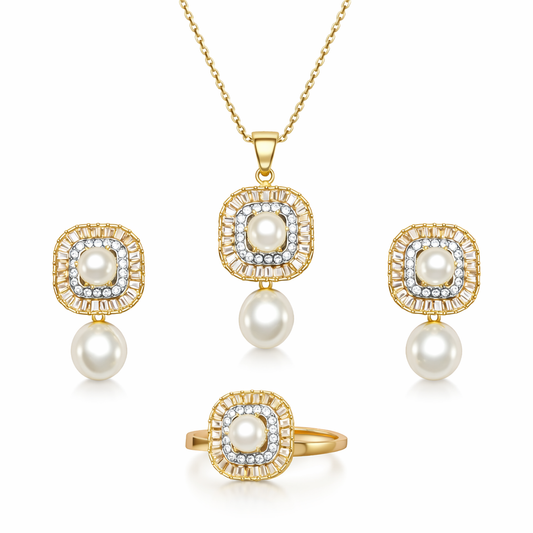 Zirconia Pearl Locket Set - Gold Silver Plated Pendant Earrings Ring