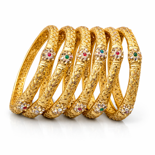 Textured Floral Choori Bangle Set – 22K Gold Plated | Ruby & Emerald Stone | Set of 6 |