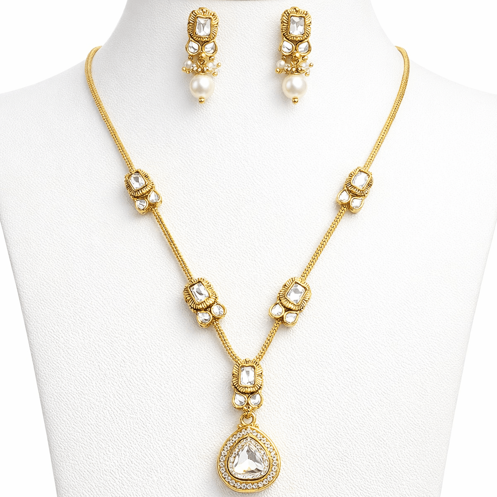 Modern Teardrop Pendant Necklace Set - Contemporary Gold Plated Jewelry - Riwaaj